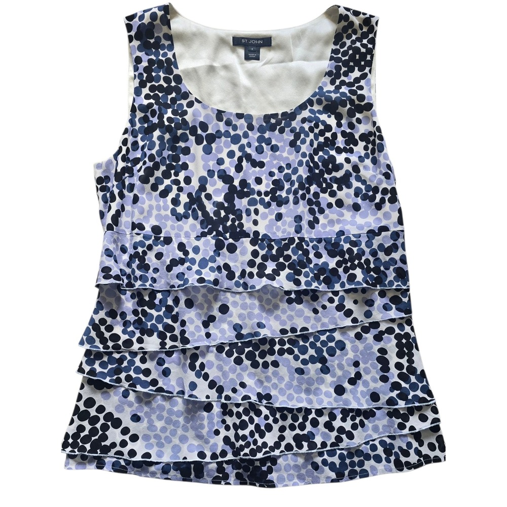 St. John Silk Ruffled Sleeveless Top‎ Blue Polka Dot Layered Blouse Size 8